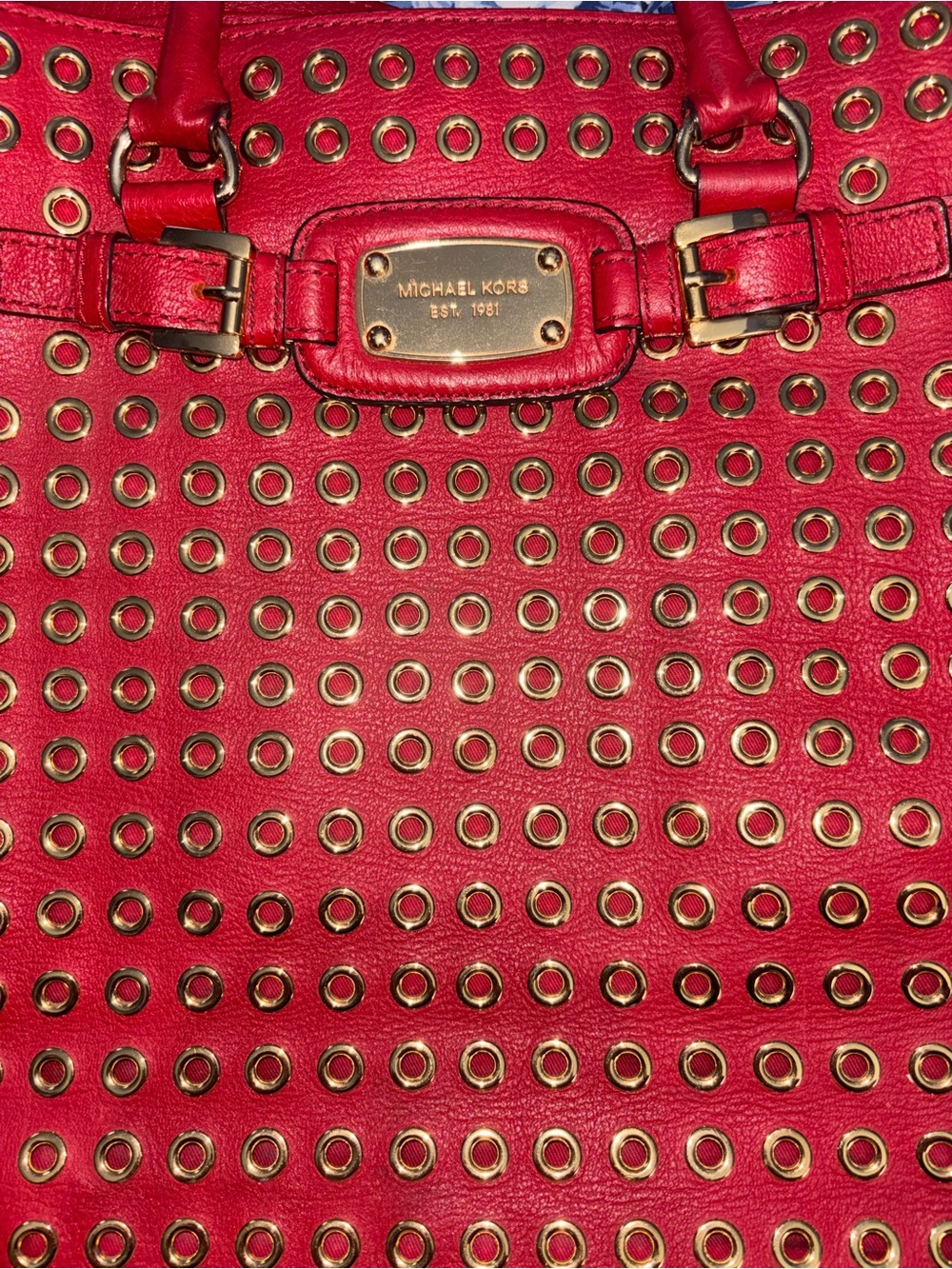Michael Kors Red Studded Leather Tote Bag with Shoulder Strap - Picture 3 of 12